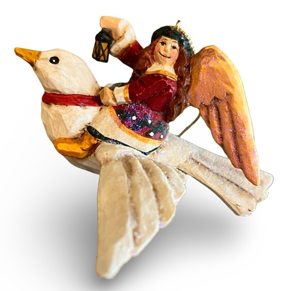 Vintage Signed P. Schifferl Folk Art Girl Riding a Dove Christmas Ornament